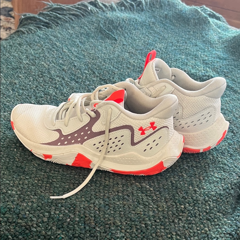 Under Armour Kids 6Y Athletic Shoes - White with bright orange and purple.